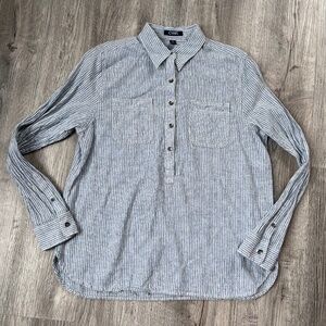 Chaps Women's large Blue Striped Long Sleeve Popover linen cotton blend